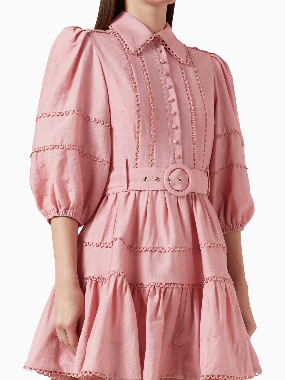 REVOLVE Saint Armont Pink Tiered Belted Puff Sleeve Mini Dress NWT Small